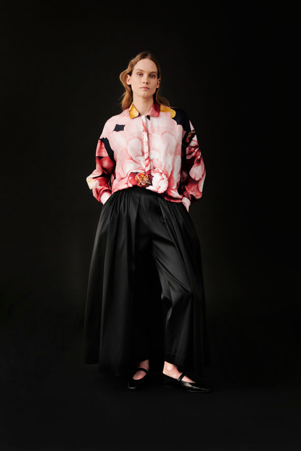 co.go fall winter 2023-2024 silk shirt with flowers black trousers