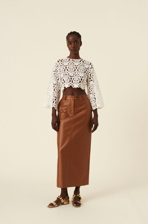 maison cogo ss2024 white lace top brown skirt