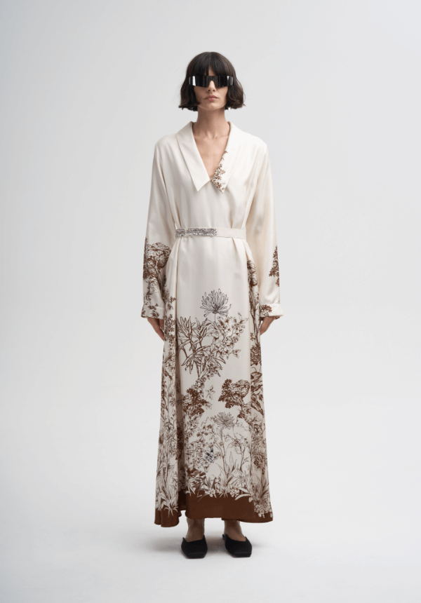 long woman dress white and botanical print
