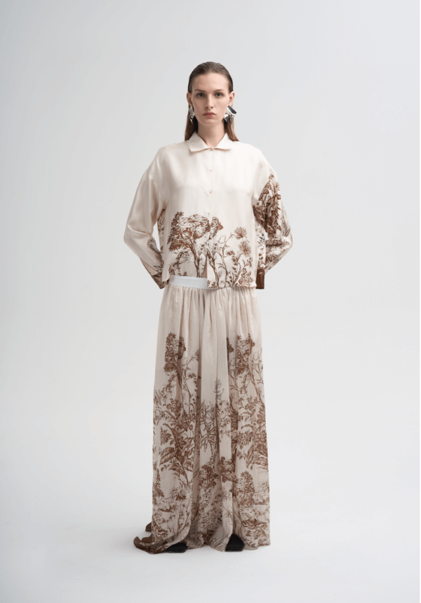 long woman skirt and blouse white and botanical print