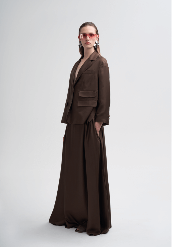 woman skirt and jacket brown
