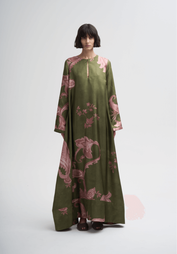 long woman dress green and pink