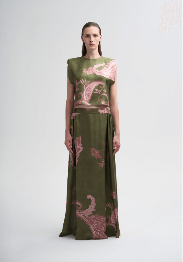 woman top and long skirt green and pink