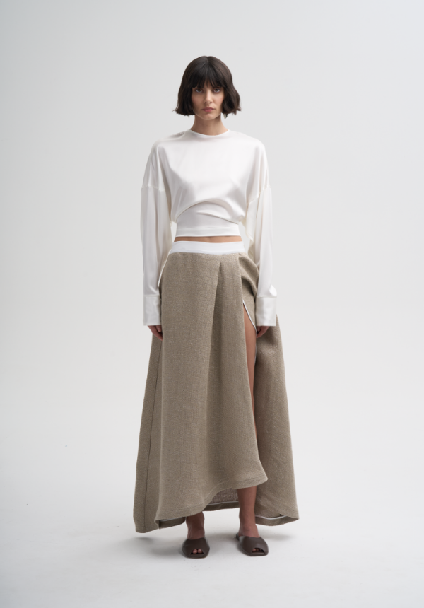 spring summer brown skirt and white blouse