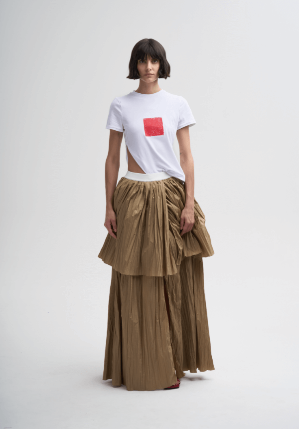 long brown skirt and white t-shirt