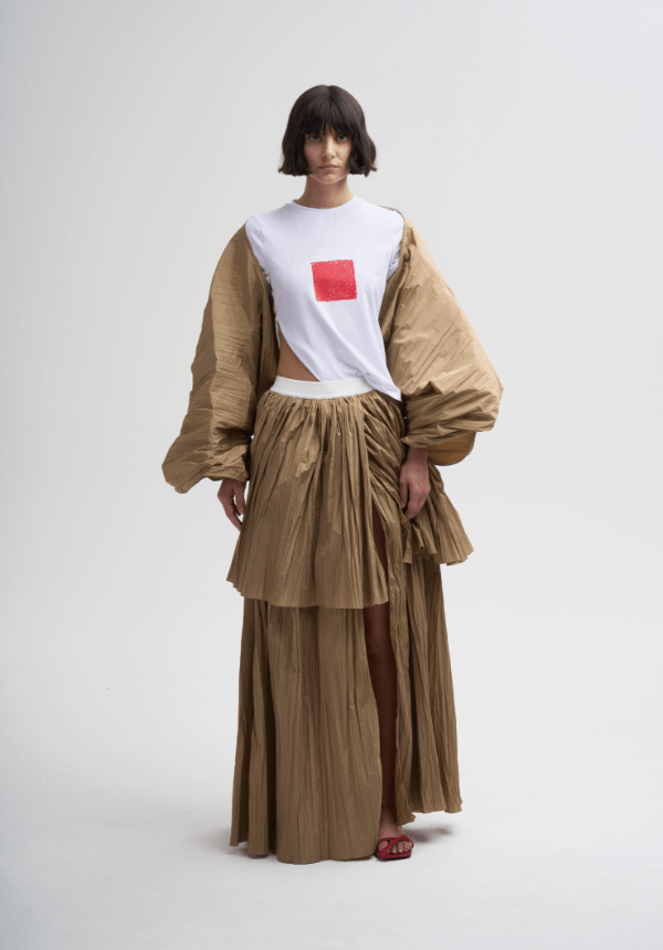 long brown skirt and white t-shirt