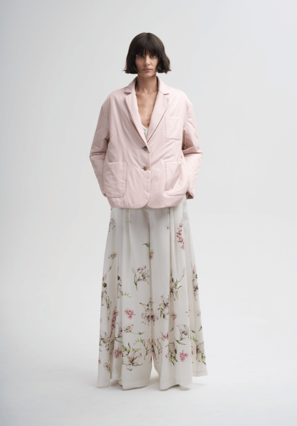 botanical woman pants and pink jacket