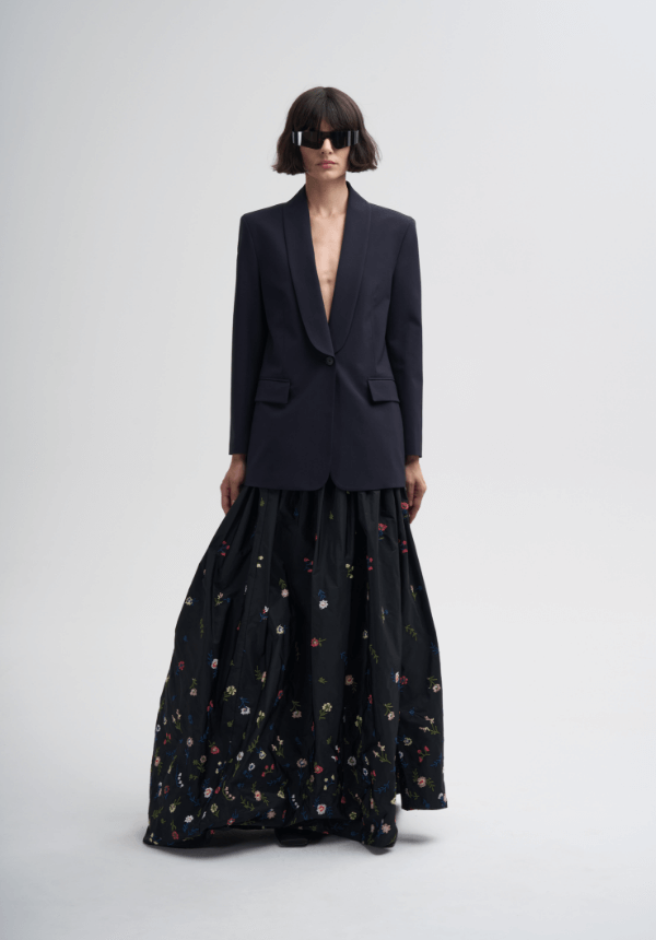 dark jacket and skirt with flowers