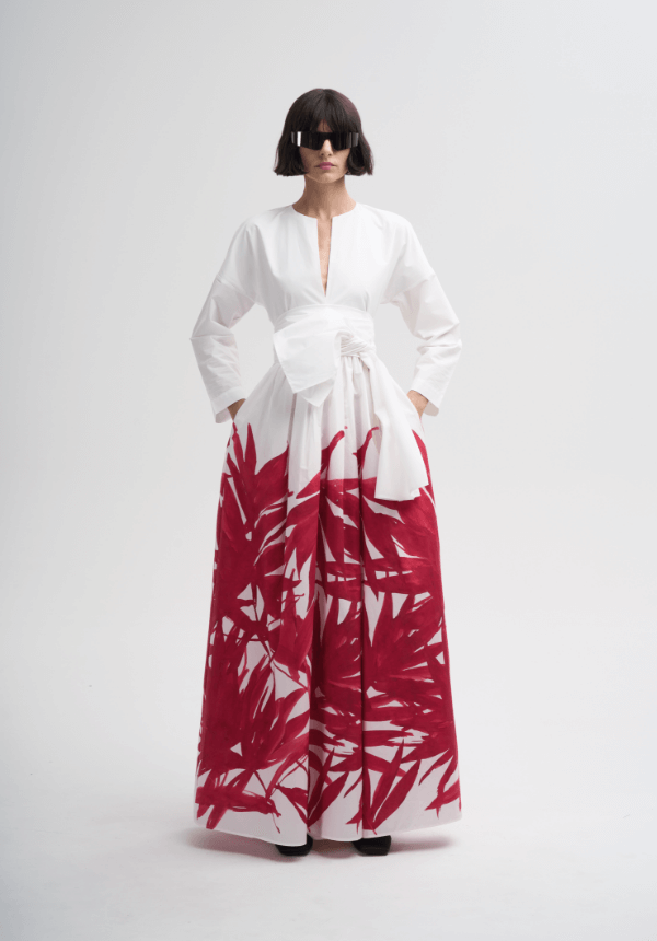 long woman dress white and red